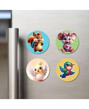 Squirrel, Mouse, Cockatiel, and Hummingbird. Fridge Magnets 4 Piece Set | 3 Inch Round Wall Fridge Decor (F22885)