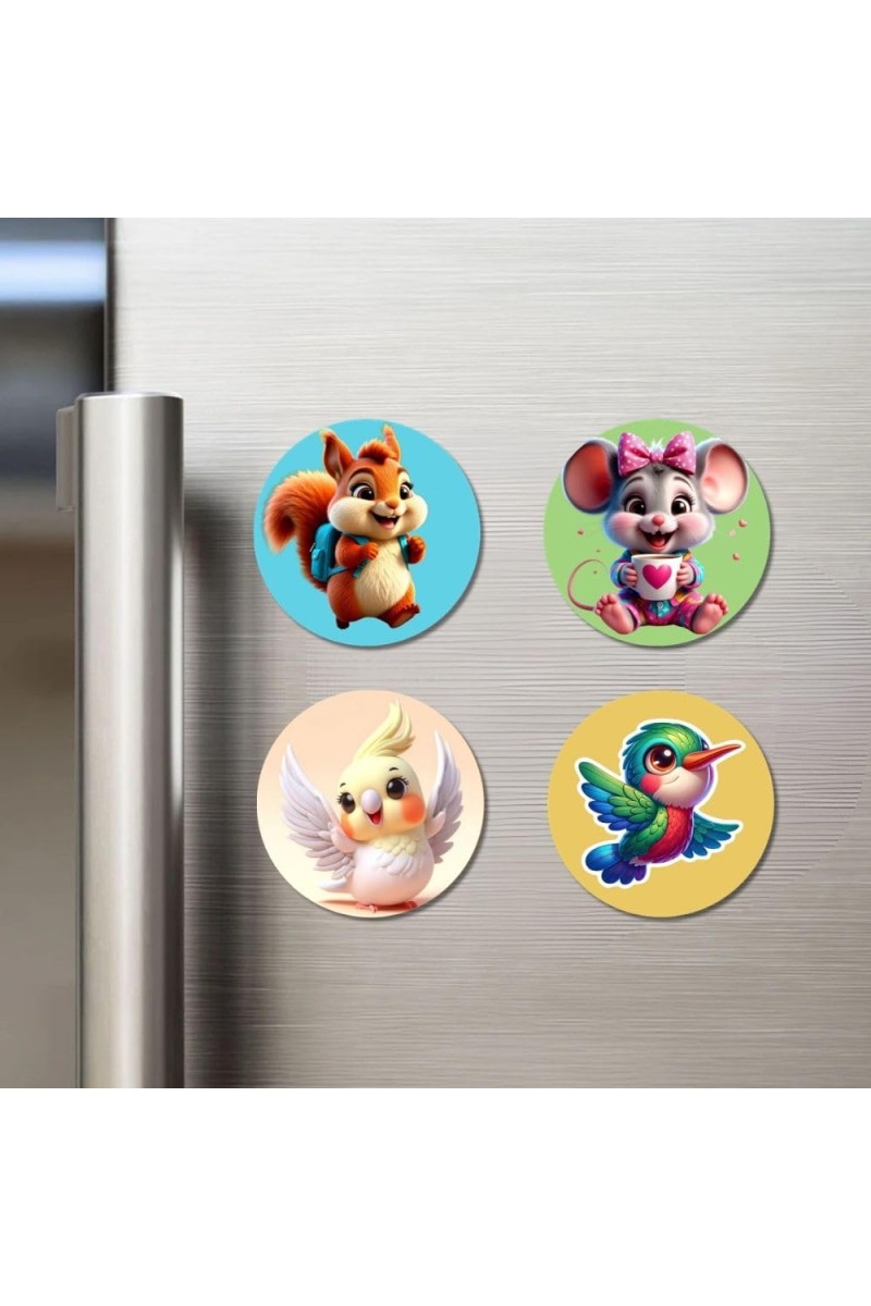 Squirrel, Mouse, Cockatiel, and Hummingbird. Fridge Magnets 4 Piece Set | 3 Inch Round Wall Fridge Decor (F22885)