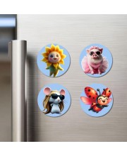 Sun, Pig, Mouse, and Ladybug. Fridge Magnets 4 Piece Set | 3 Inch Round Wall Fridge Decor (F23106)