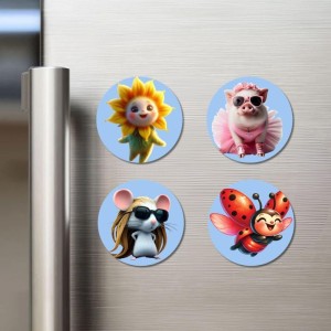 Sun, Pig, Mouse, and Ladybug. Fridge Magnets 4 Piece Set | 3 Inch Round Wall Fridge Decor (F23106) Sun, Pig, Mouse, and Ladybug. Fridge Magnets 4 Piece Set | 3 Inch Round Wall Fridge Decor (F23106)