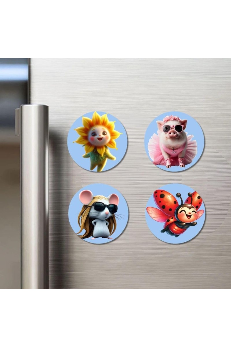 Sun, Pig, Mouse, and Ladybug. Fridge Magnets 4 Piece Set | 3 Inch Round Wall Fridge Decor (F23106)