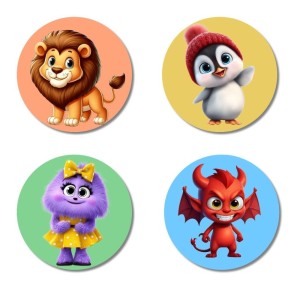 Lion, Penguin, Cat, and Monster. Fridge Magnets 4 Piece Set | 3 Inch Round Wall Fridge Decor (F22969)