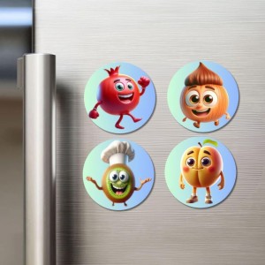 Pomegranate, Onion, Kiwi, Peach Fridge Magnets 4 Piece Set | 3 Inch Round Wall Fridge Decor (F23275)