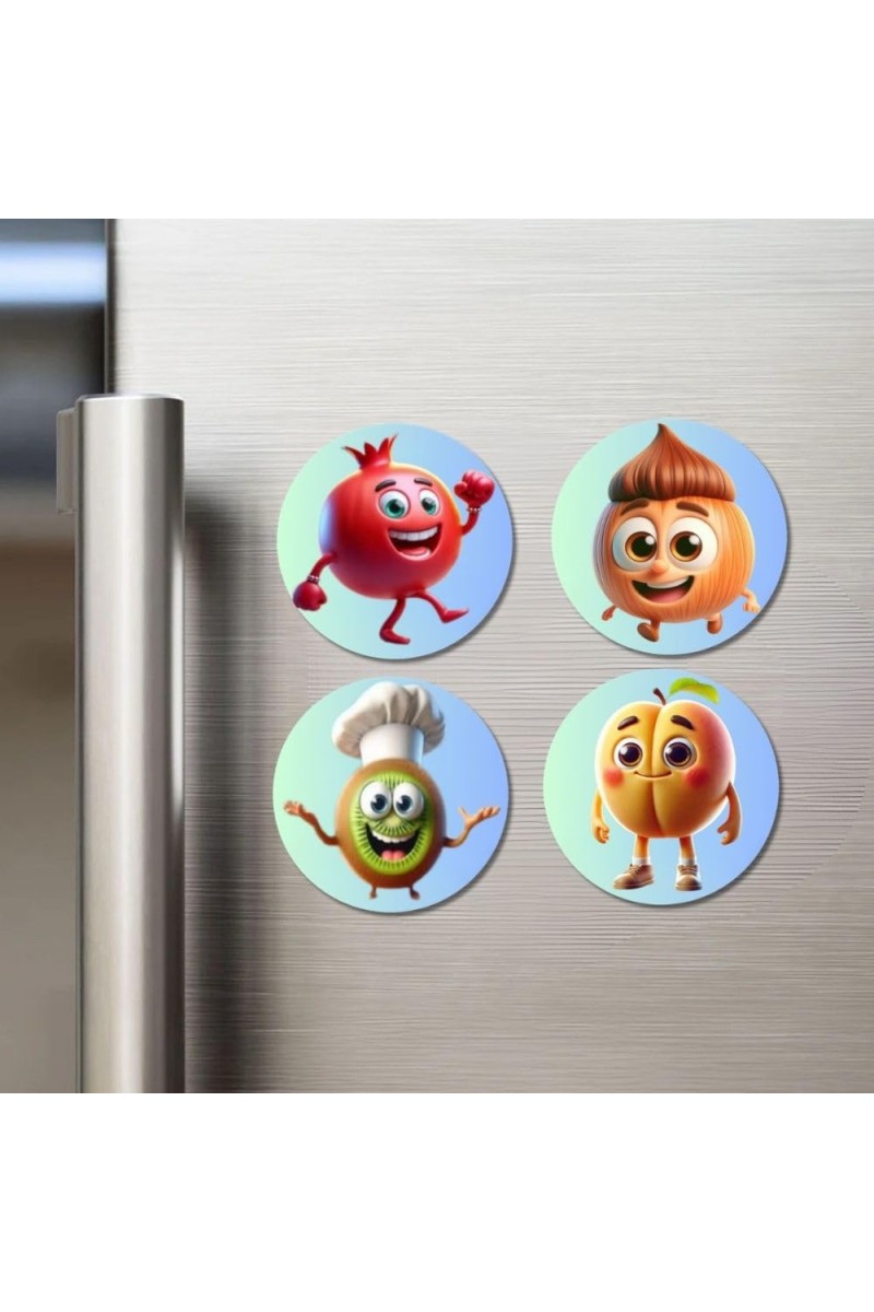 Pomegranate, Onion, Kiwi, Peach Fridge Magnets 4 Piece Set | 3 Inch Round Wall Fridge Decor (F23275)