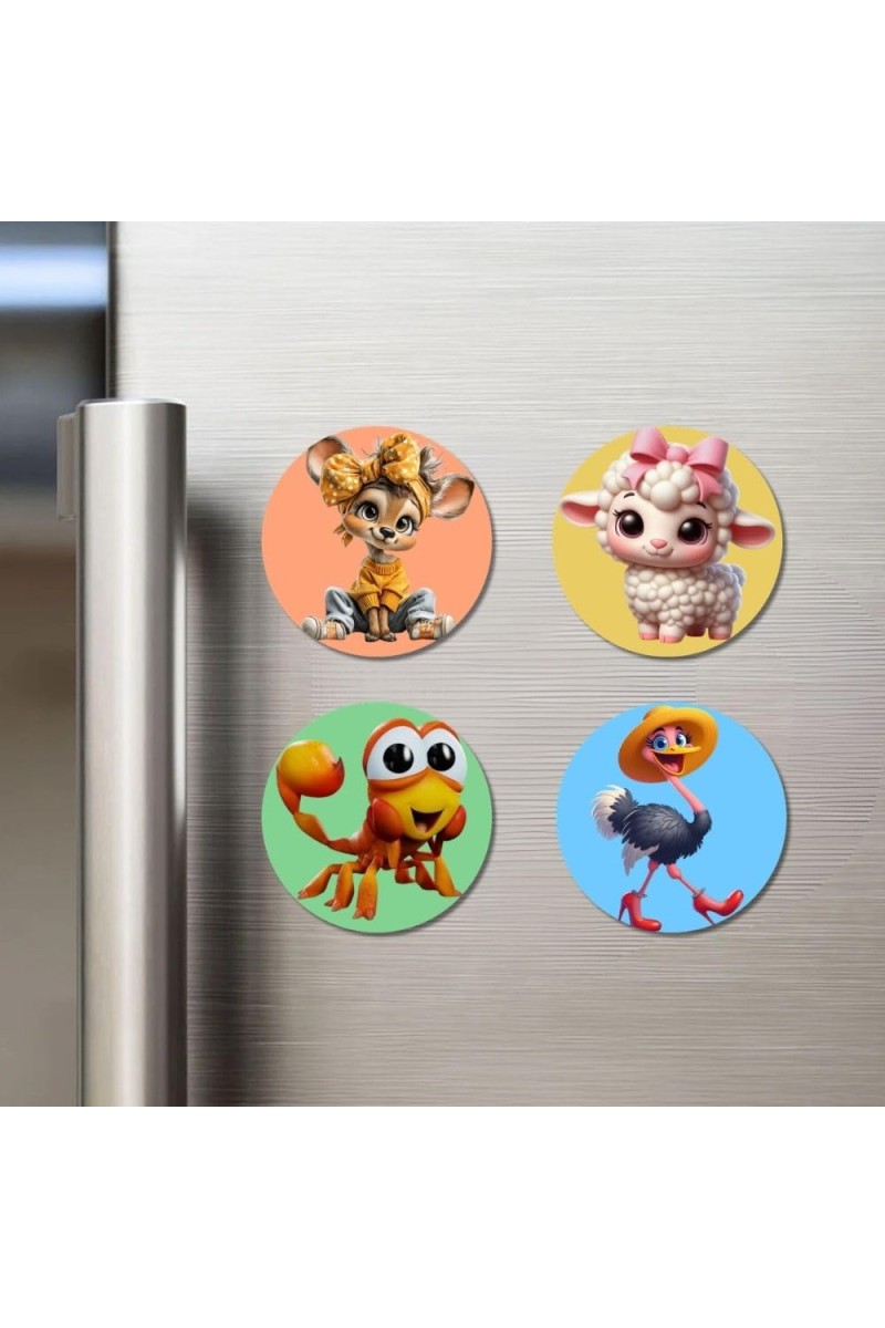 Deer, Sheep, Scorpion, and Ostrich. Fridge Magnets 4 Piece Set | 3 Inch Round Wall Fridge Decor (F22989)