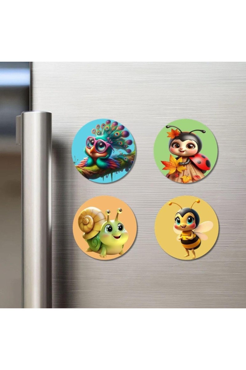 Cat, Squirrel, Koala, and Giraffe. Fridge Magnets 4 Piece Set | 3 Inch Round Wall Fridge Decor (F22859)