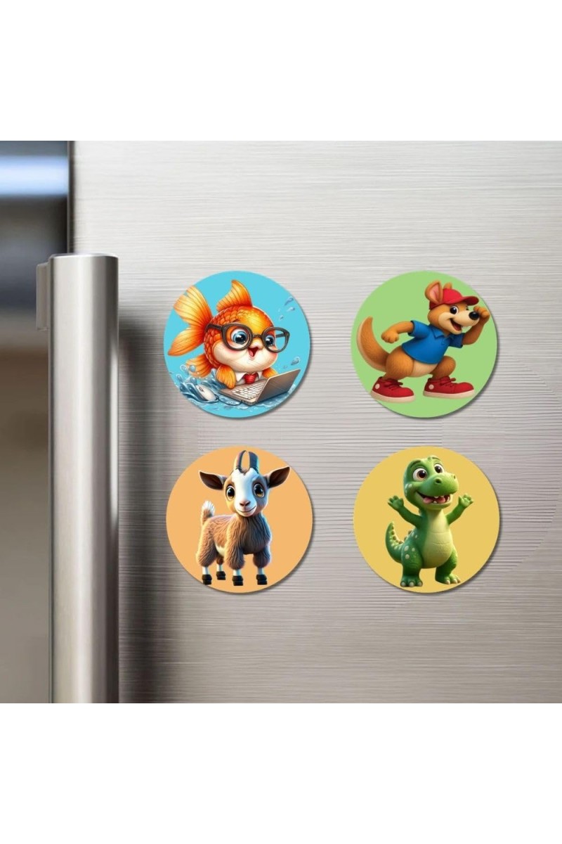 Tiger, Crab, Penguin, and Hedgehog. Fridge Magnets 4 Piece Set | 3 Inch Round Wall Fridge Decor (F22931)
