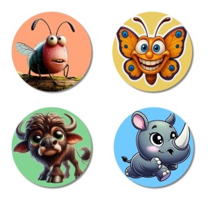Bull, Hedgehog, Cow, and Monkey. Fridge Magnets 4 Piece Set | 3 Inch Round Wall Fridge Decor (F23010)