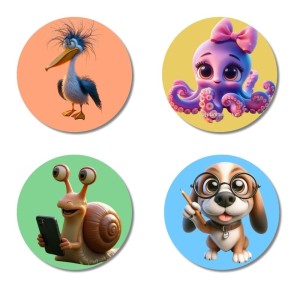 Bird, Octopus, Snail, and Dog. Fridge Magnets 4 Piece Set | 3 Inch Round Wall Fridge Decor (F23005)