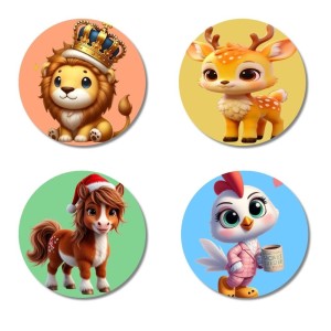 Lion, Deer, Horse, and Chicken. Fridge Magnets 4 Piece Set | 3 Inch Round Wall Fridge Decor (F23029)