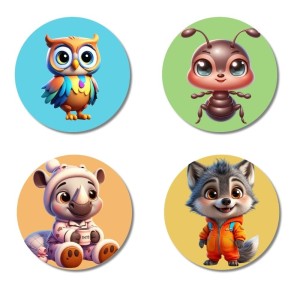 Owl, Ant, Rhino, and Wolf. Fridge Magnets 4 Piece Set | 3 Inch Round Wall Fridge Decor (F22918) Owl, Ant, Rhino, and Wolf. Fridge Magnets 4 Piece Set | 3 Inch Round Wall Fridge Decor (F22918)