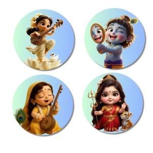Lakshmi, Rama, Parvati, Krishna Fridge Magnets 4 Piece Set | 3 Inch Round Wall Fridge Decor (F23264)