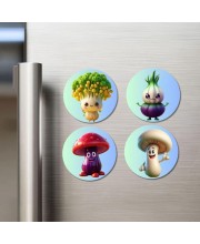 Broccoli, Onion, Mushroom, Mushroom Fridge Magnets 4 Piece Set | 3 Inch Round Wall Fridge Decor (F23305)