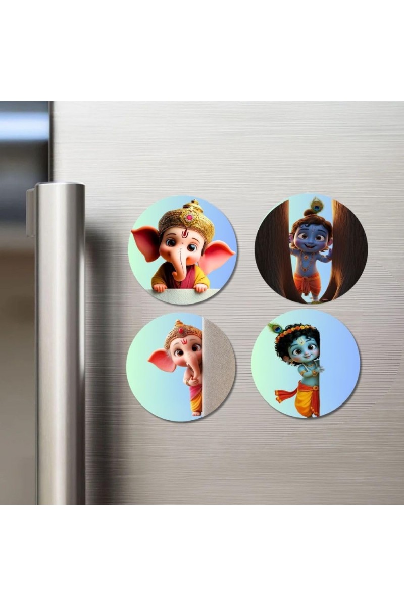 Ganesha, Krishna, Ganesha, Krishna Fridge Magnets 4 Piece Set | 3 Inch Round Wall Fridge Decor (F23225)