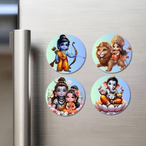 Ganesha, Shiva, Durga, Rama, and Parvati. Fridge Magnets 4 Piece Set | 3 Inch Round Wall Fridge Decor (F22795)
