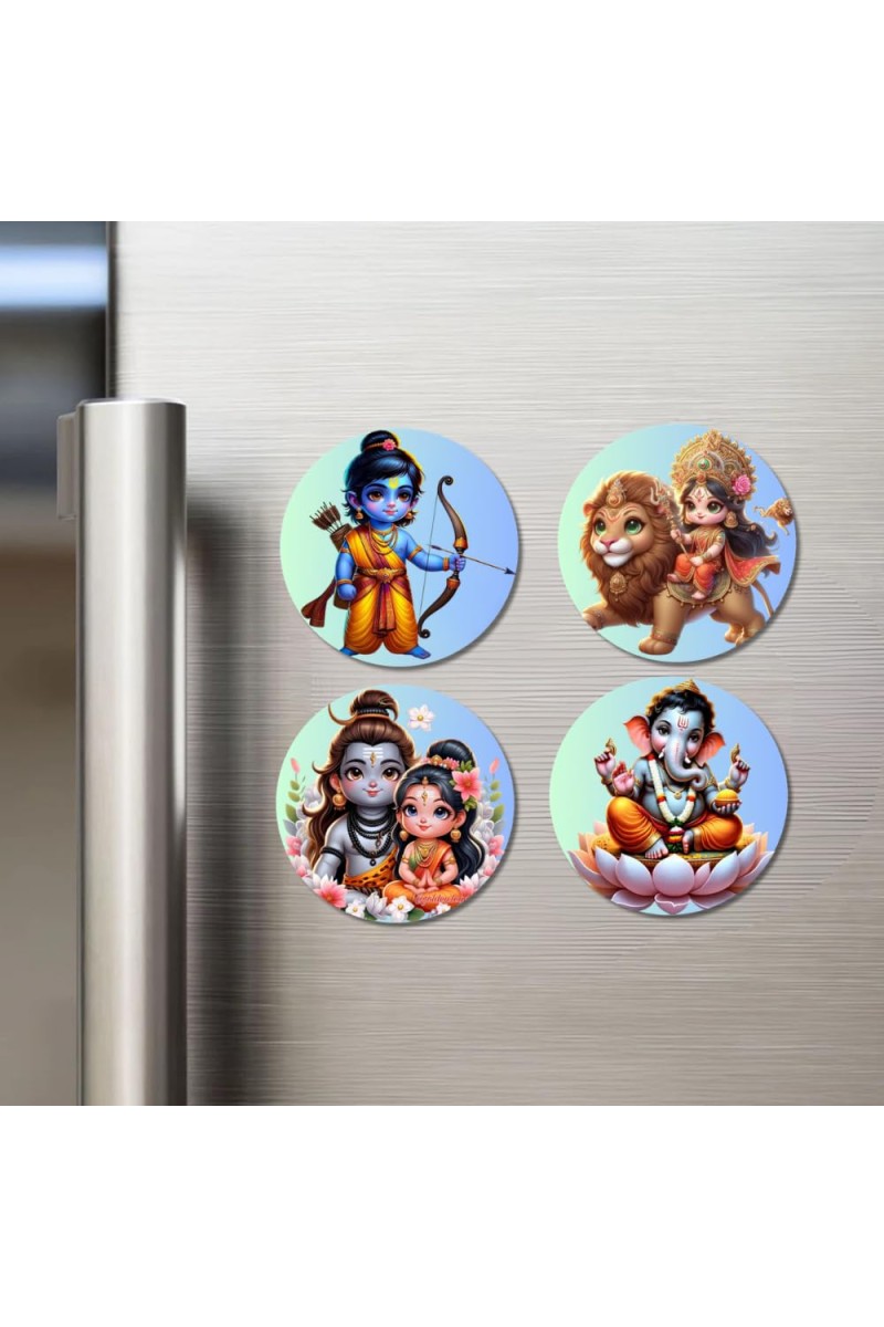 Ganesha, Shiva, Durga, Rama, and Parvati. Fridge Magnets 4 Piece Set | 3 Inch Round Wall Fridge Decor (F22795)