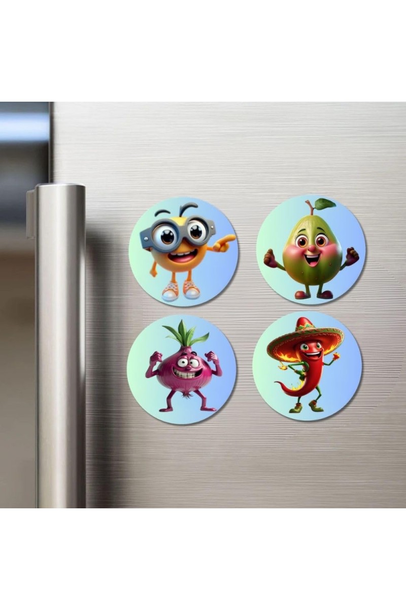 Orange, Pear, Onion, Chilli Fridge Magnets 4 Piece Set | 3 Inch Round Wall Fridge Decor (F23329)