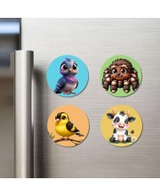 Pigeon, Spider, Goldfinch, and Cow. Fridge Magnets 4 Piece Set | 3 Inch Round Wall Fridge Decor (F22925)