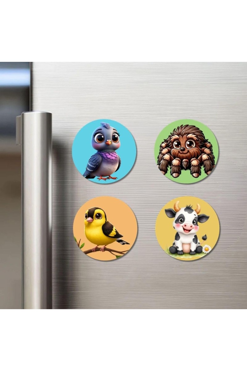 Pigeon, Spider, Goldfinch, and Cow. Fridge Magnets 4 Piece Set | 3 Inch Round Wall Fridge Decor (F22925)