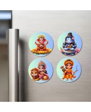 Shiva, Ganesha, Krishna, and Kartikeya. Fridge Magnets 4 Piece Set | 3 Inch Round Wall Fridge Decor (F22794)