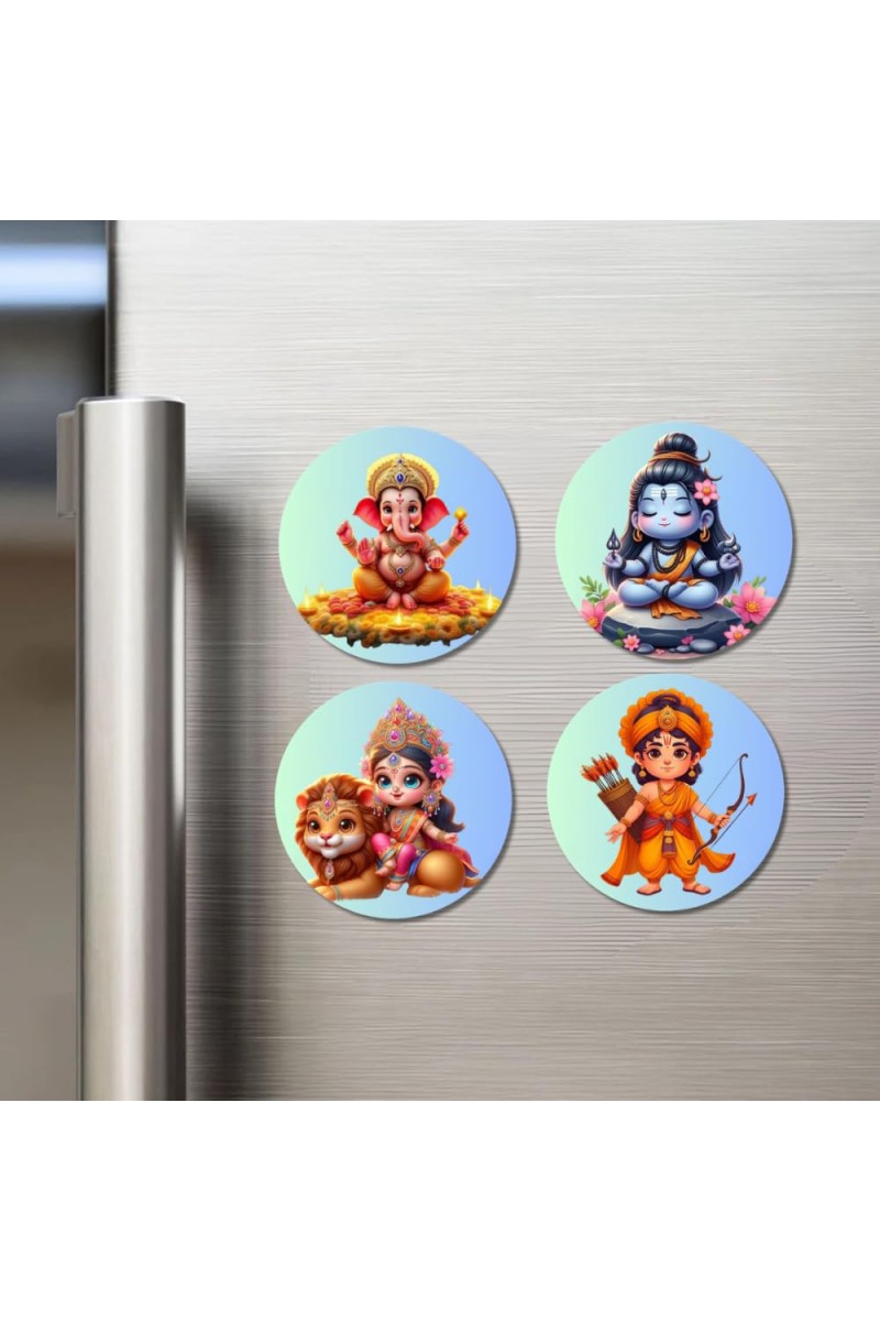Shiva, Ganesha, Krishna, and Kartikeya. Fridge Magnets 4 Piece Set | 3 Inch Round Wall Fridge Decor (F22794)