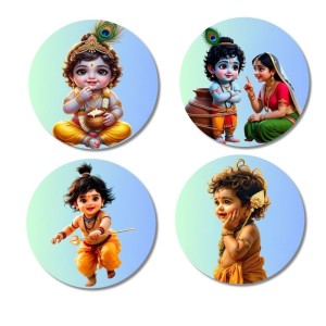Yashoda, Bal Krishna, Baby Hanuman Fridge Magnets 4 Piece Set | 3 Inch Round Wall Fridge Decor (F23254)