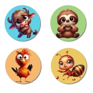 Buffalo, Sloth, Bird, and Ant. Fridge Magnets 4 Piece Set | 3 Inch Round Wall Fridge Decor (F22947)