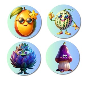 Mango, Watermelon, Artichoke, Mushroom Fridge Magnets 4 Piece Set | 3 Inch Round Wall Fridge Decor (F23314)