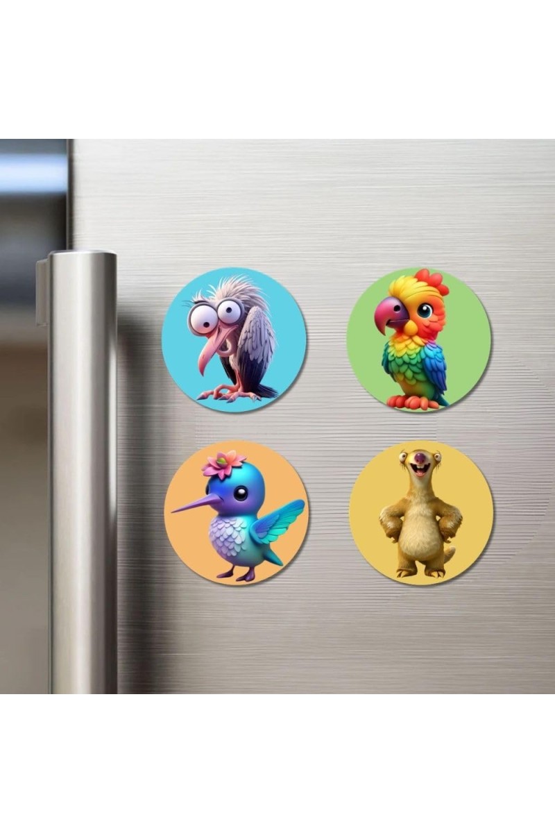 Swan, Parrot, Hummingbird, and Meerkat. Fridge Magnets 4 Piece Set | 3 Inch Round Wall Fridge Decor (F22905)