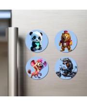 Panda, Lion, Hyena, and Bull. Fridge Magnets 4 Piece Set | 3 Inch Round Wall Fridge Decor (F23132)