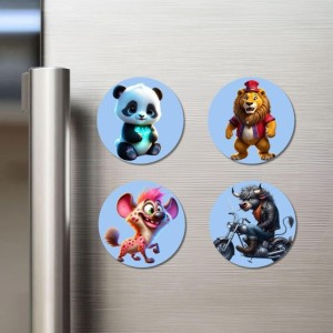 Panda, Lion, Hyena, and Bull. Fridge Magnets 4 Piece Set | 3 Inch Round Wall Fridge Decor (F23132)