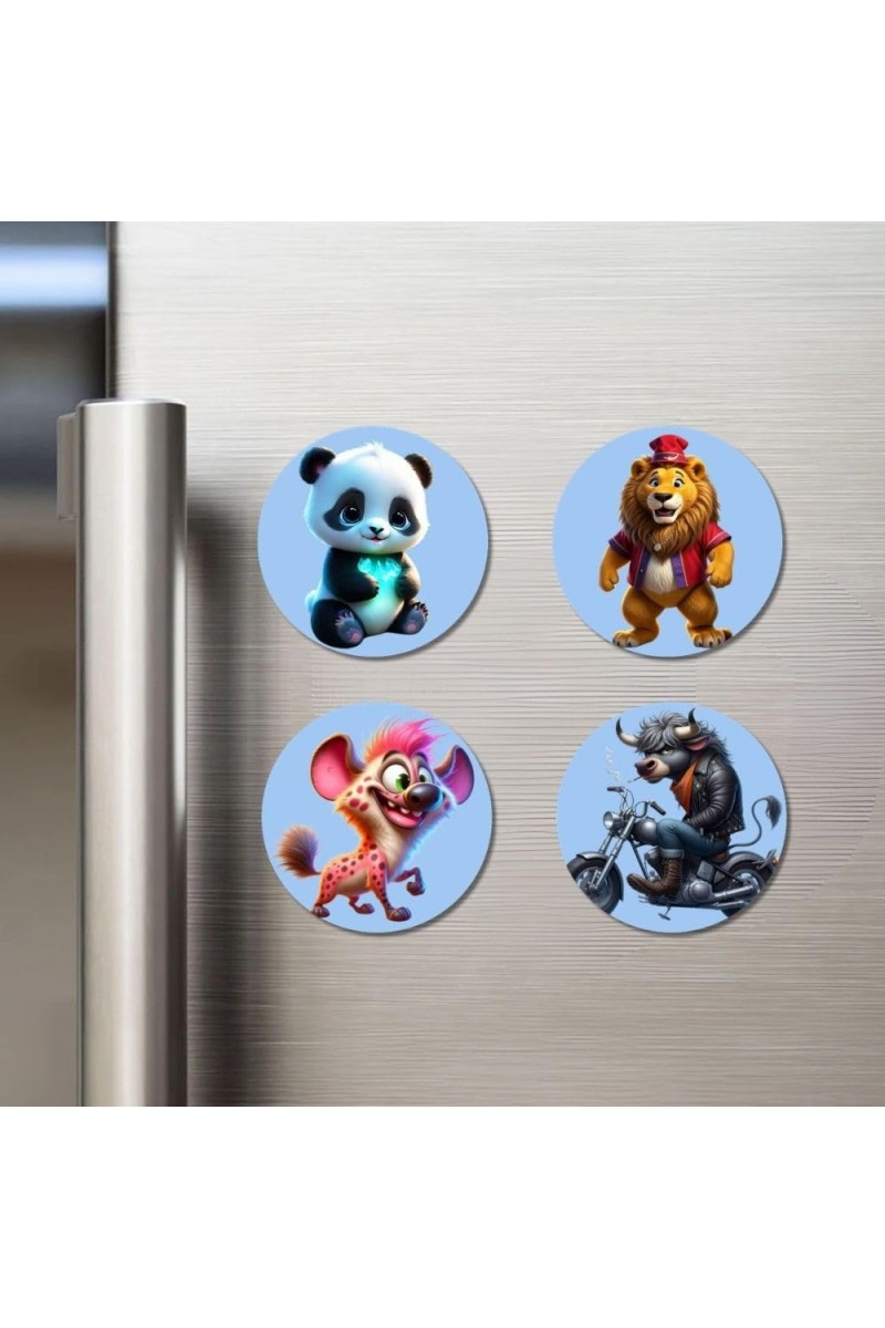 Panda, Lion, Hyena, and Bull. Fridge Magnets 4 Piece Set | 3 Inch Round Wall Fridge Decor (F23132)