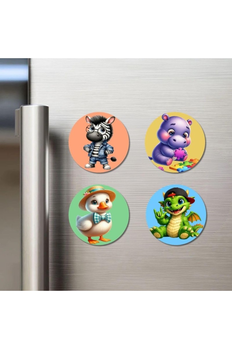 Zebra, Hippo, Duck, Dragon Fridge Magnets 4 Piece Set | 3 Inch Round Wall Fridge Decor (F22971)