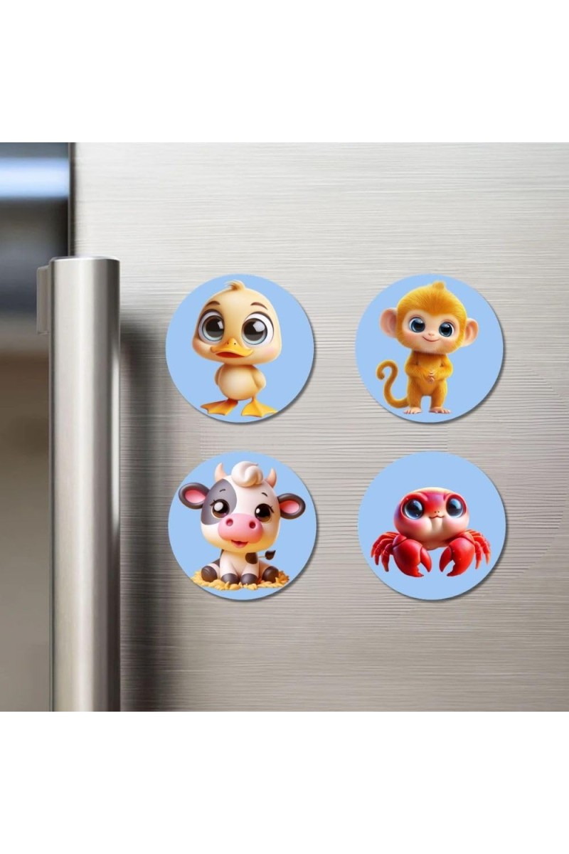 Duck, Monkey, Cow, and Crab. Fridge Magnets 4 Piece Set | 3 Inch Round Wall Fridge Decor (F23131)