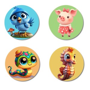 Blue Jay, Pig, Caterpillar, and Seahorse. Fridge Magnets 4 Piece Set | 3 Inch Round Wall Fridge Decor (F22915)