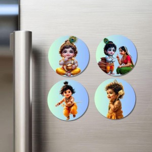 Yashoda, Bal Krishna, Baby Hanuman Fridge Magnets 4 Piece Set | 3 Inch Round Wall Fridge Decor (F23254)