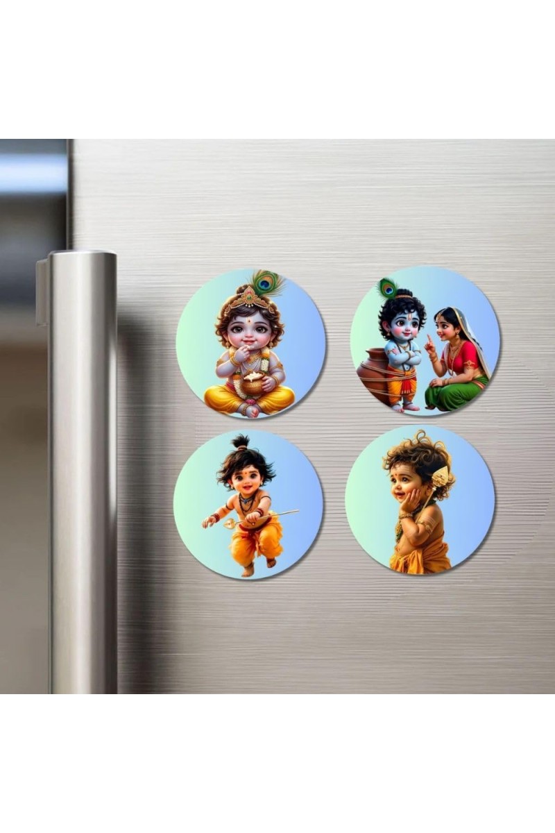 Yashoda, Bal Krishna, Baby Hanuman Fridge Magnets 4 Piece Set | 3 Inch Round Wall Fridge Decor (F23254)