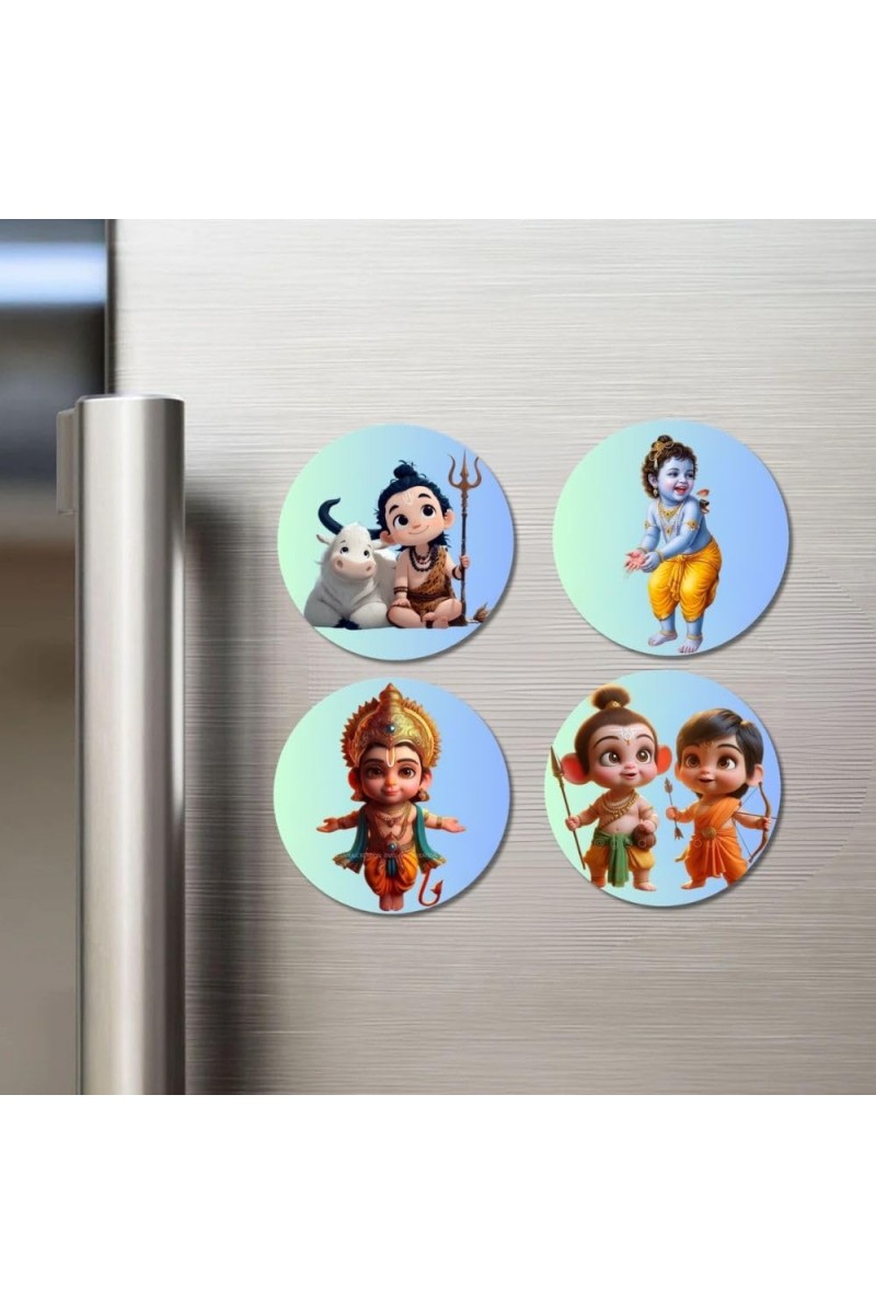 Shiva, Krishna, Hanuman, Rama, and Lakshmana. Fridge Magnets 4 Piece Set | 3 Inch Round Wall Fridge Decor (F22824)