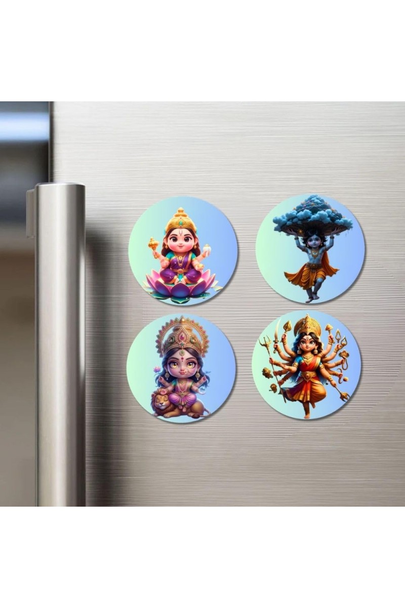 Maa Lakshmi, Krishna, Maa Parvati, Maa Durga Fridge Magnets 4 Piece Set | 3 Inch Round Wall Fridge Decor (F23188)