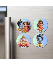 Krishna, Radha, Rama, and Ganesha. Fridge Magnets 4 Piece Set | 3 Inch Round Wall Fridge Decor (F22835)