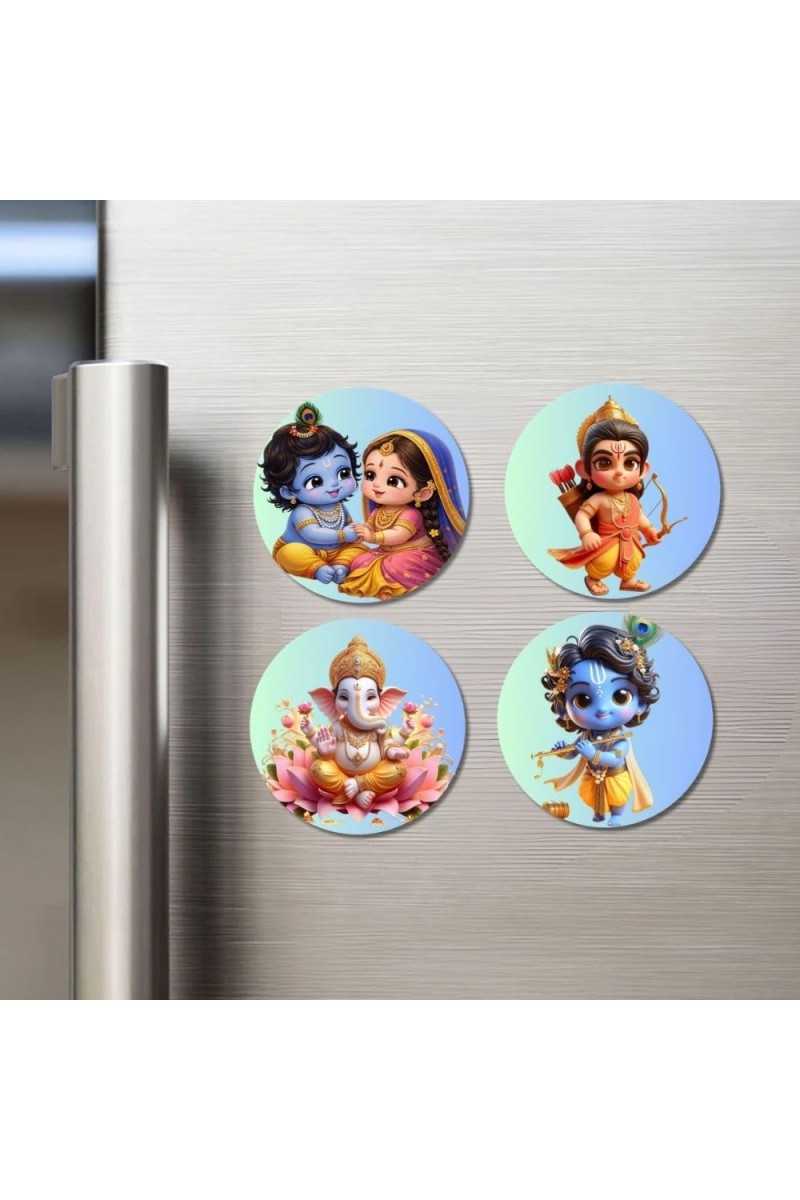 Krishna, Radha, Rama, and Ganesha. Fridge Magnets 4 Piece Set | 3 Inch Round Wall Fridge Decor (F22835)