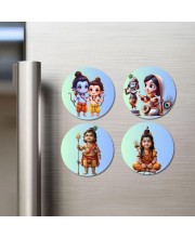 RamLakshman, ShivaParvati, Kartikeya, Shiva Fridge Magnets 4 Piece Set | 3 Inch Round Wall Fridge Decor (F23262)
