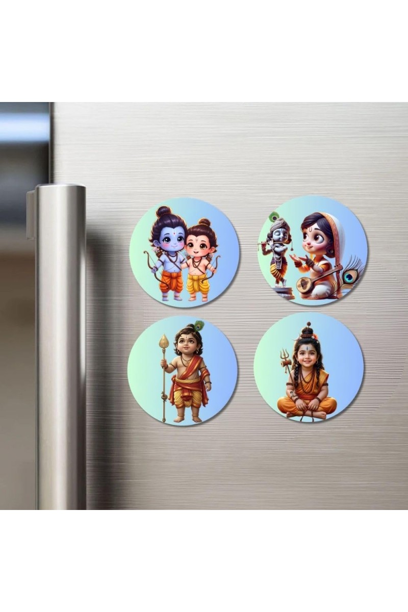 RamLakshman, ShivaParvati, Kartikeya, Shiva Fridge Magnets 4 Piece Set | 3 Inch Round Wall Fridge Decor (F23262)