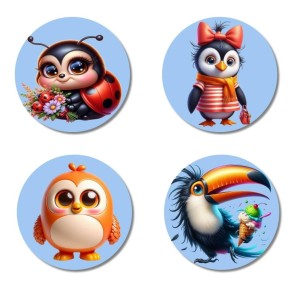Ladybug, Penguin, Chick, and Toucan. Fridge Magnets 4 Piece Set | 3 Inch Round Wall Fridge Decor (F23074)