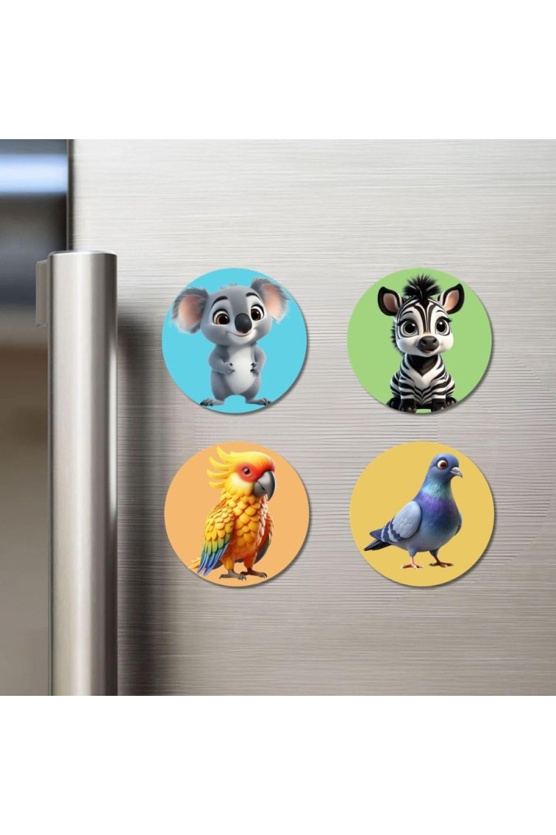 Spider, Squirrel, Donkey, and Fox. Fridge Magnets 4 Piece Set | 3 Inch Round Wall Fridge Decor (F22863)
