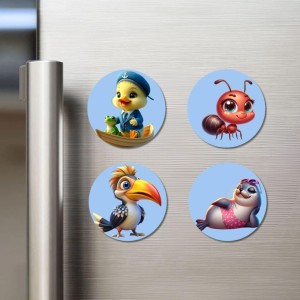 Bird, Flamingo, Pelican, and Peacock. Fridge Magnets 4 Piece Set | 3 Inch Round Wall Fridge Decor (F23086)