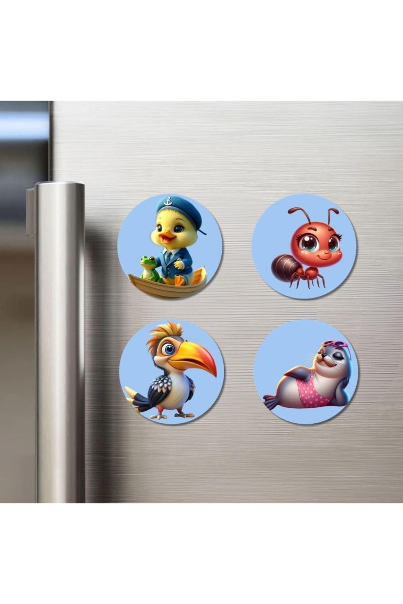 Bird, Flamingo, Pelican, and Peacock. Fridge Magnets 4 Piece Set | 3 Inch Round Wall Fridge Decor (F23086)