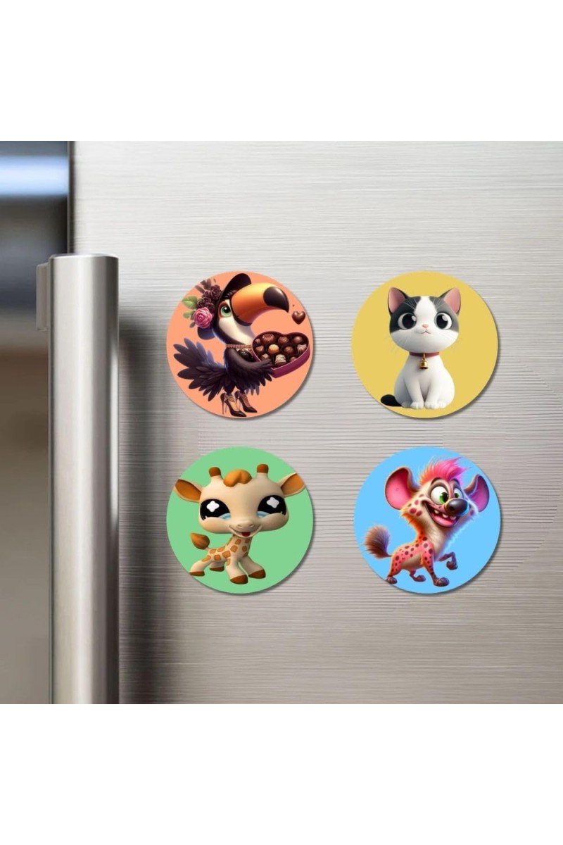 Toucan, Cat, Giraffe, and Hyena. Fridge Magnets 4 Piece Set | 3 Inch Round Wall Fridge Decor (F23031)