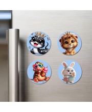 Snake, Lion, Hamster, and Rabbit. Fridge Magnets 4 Piece Set | 3 Inch Round Wall Fridge Decor (F23146)