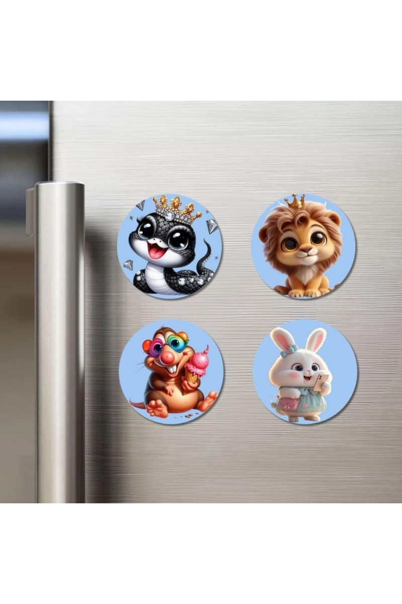 Snake, Lion, Hamster, and Rabbit. Fridge Magnets 4 Piece Set | 3 Inch Round Wall Fridge Decor (F23146)